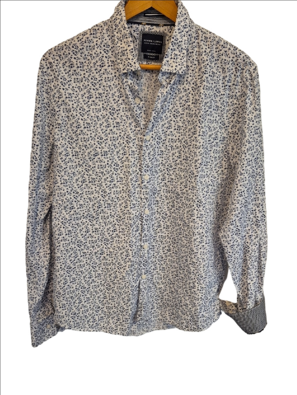 Denim & Flower Slim Fit Cotton White Shirt with Navy Micro Floral Print